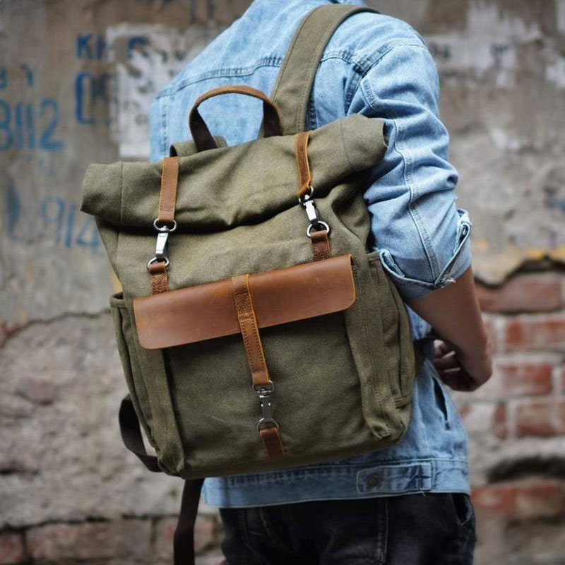 Retro Rolltop Rucksack Canvas  - Leather Backpack Vintage incelemesi ve fiyatı